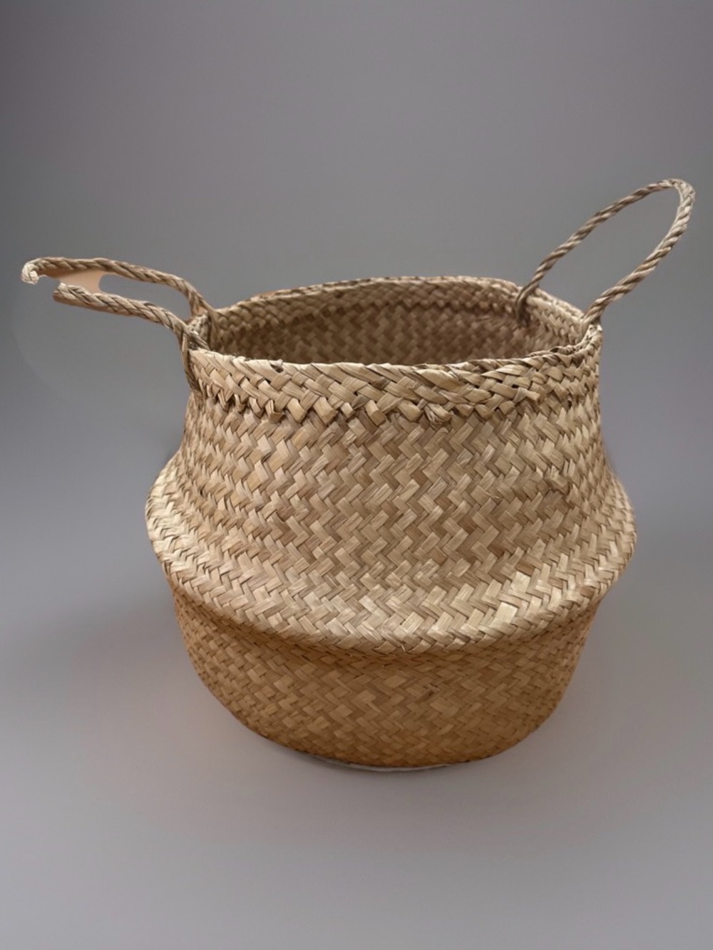 Foldable Woven Basket 11” Round Natural Seagrass Bin Boho Planter w/ Handles